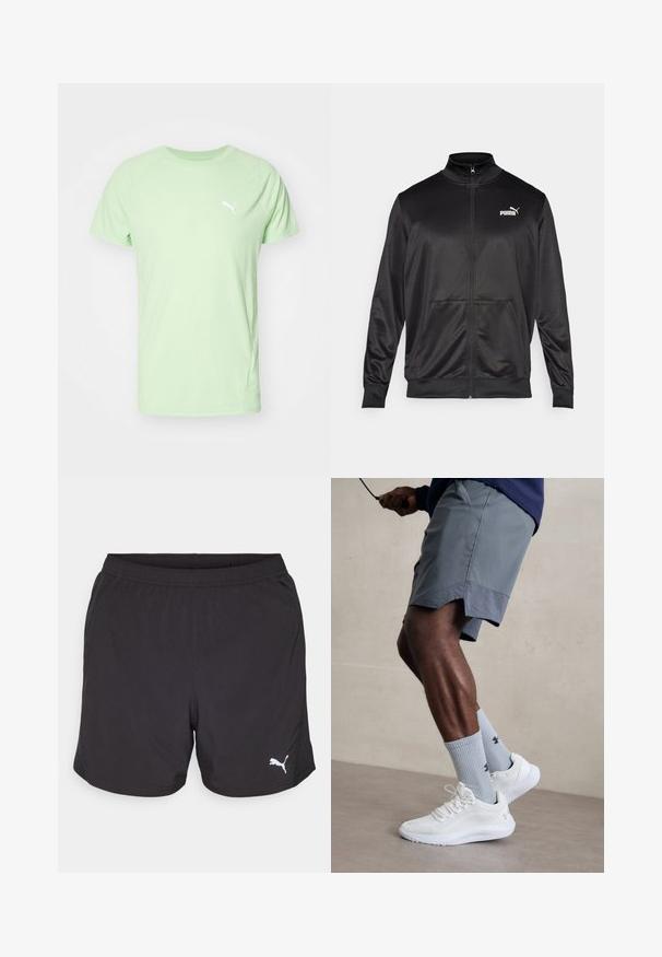 Chaqueta negra con cremallera hecha de un tejido liso y brillante. Presenta un cuello alto, dos bolsillos frontales y un logo blanco de Puma en el lado izquierdo del pecho.; Camiseta de manga corta verde claro hecha de una tela suave, con un logo blanco de Puma en el pecho y un cuello redondo.; Pantalones cortos deportivos negros hechos de tela ligera, con una cinturilla elástica y un pequeño logo blanco de Puma en el lado izquierdo.; Zapatillas deportivas blancas con parte superior de malla texturizada, combinadas con calcetas de canalé azul claro que cuentan con un logo. Pantalones cortos deportivos grises con borde perforado.