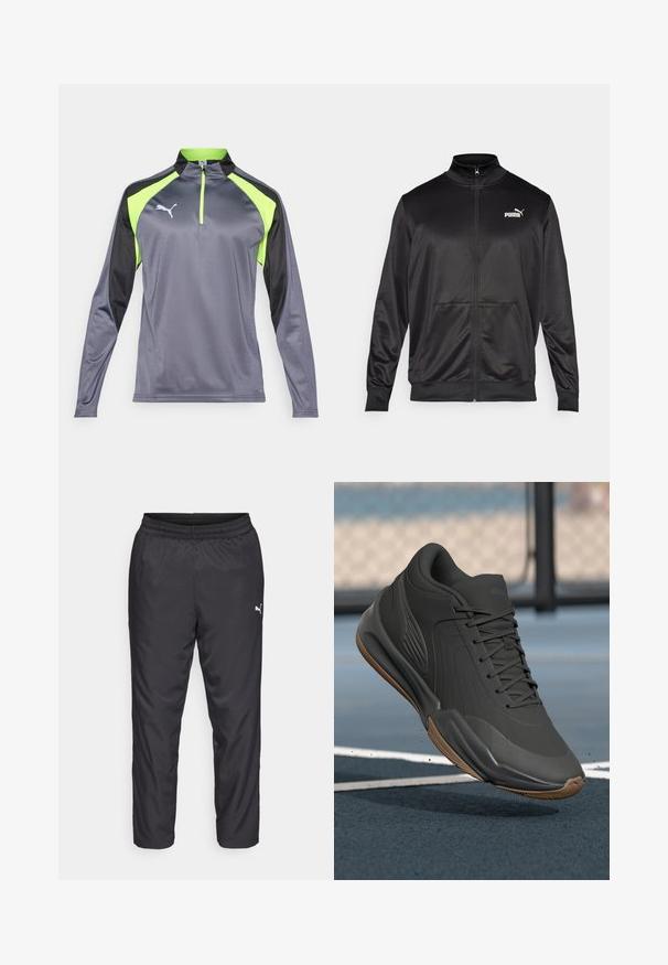 Mustat vetoketjulliset takit, jotka on valmistettu sileästä, kiiltävästä kankaasta. Ominaisuuksiin kuuluvat korkea kaulus, kaksi etutaskua ja valkoinen Puma-logo vasemmassa rinnassa.; Harmaa pitkähihainen suorituspaita, jossa on mustia ja kirkkaan vihreitä yksityiskohtia, puolivetoketju kauluksessa ja heijastava logo vasemmassa rinnassa.; Mustat urheiluhousut, jotka on valmistettu sileästä, kevyestä materiaalista. Sisältää joustavan vyötärönauhan ja pienen valkoisen logon vasemmalla puolella.; Musta urheilujalkine, jossa on sileä synteettinen päällinen, tekstuuriset yksityiskohdat ja kuminen pohja, suunniteltu suorituskykyä ja mukavuutta varten.