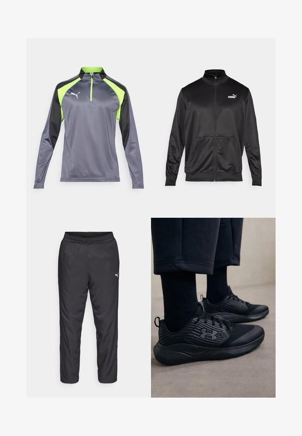 Czarna kurtka na zamek wykonana z gładkiego, błyszczącego materiału. Posiada wysoki kołnierz, dwie przednie kieszenie oraz białe logo Puma na lewej piersi.; Szara, długorękawowa koszulka sportowa z czarnymi i jaskrawozielonymi akcentami, z półzamkiem przy dekolcie i odblaskowym logo na lewej piersi.; Czarne spodnie sportowe wykonane z gładkiego, lekkiego materiału. Posiadają elastyczny pas i małe białe logo po lewej stronie.; Osoba w czarnych sportowych trampkach z teksturowanymi bokami i logo, w połączeniu z czarnymi skarpetkami i ściętymi spodniami na jasnej podłodze.