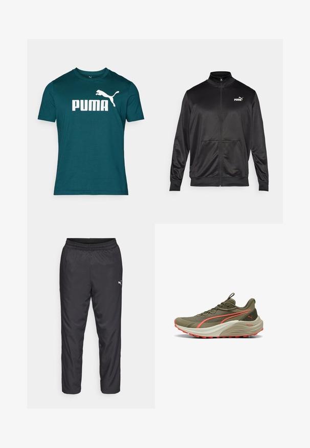 Zwarte jas met rits, gemaakt van een gladde, glanzende stof. Heeft een hoge kraag, twee voorzakken en een wit Puma-logo op de linkerborst.; Cyaan katoenen T-shirt met ronde hals, voorzien van een groot wit "PUMA" logo en een springende poema grafiek in het wit. Korte mouwen en een standaard pasvorm.; Zwarte sportbroeken gemaakt van glad, lichtgewicht materiaal. Heeft een elastische tailleband en een klein wit logo aan de linkerkant.; Olijfgroene hardloopschoen met een gestructureerde bovenkant, koraalkleurige accenten en een dikke witte tussenzool. Beschikt over een duurzame rubberen buitenzool voor grip.