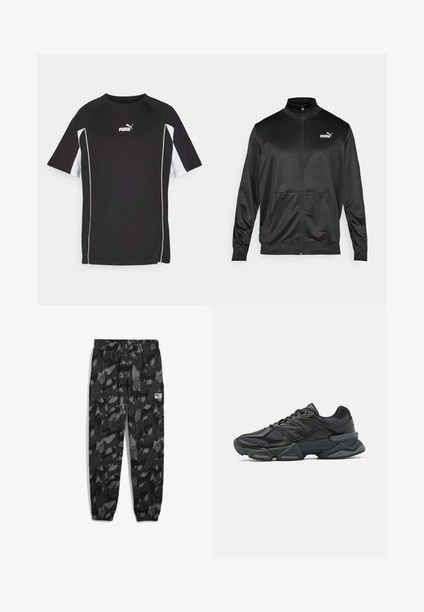 Čierna zipsová bunda vyrobená z hladkej, lesklej textílie. Má vysoký golier, dve predné vrecká a biele logo Puma na ľavej hrudi.; Čierne športové tričko s krátkymi rukávmi, s bielymi akcentmi a logom. Vyrobené z ľahkej, priedušnej textílie.; Čierne a šedé maskáčové joggers s elastickým pásom, obsahujúce rôzne abstraktné tvary a malú štítok s logom na boku.; Čierna bežecká obuv so zmesou sieťoviny a syntetických materiálov, robustnou podrážkou, zakriveným dizajnom a výrazným logom na boku.
