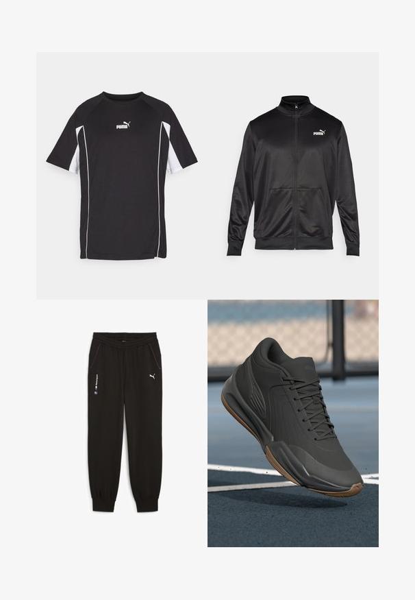 Must läikivast ja siledast kangast must kapuutsiga jakk. Omab kõrget kaelust, kahte esi-taskut ja valget Puma logo vasakul rinnal.; Mustmust riiet, millel on lühikesed varrukad, musta värvi, valgete aktsentidega ja logoga. Valmistatud kergest ja hingavast kangast.; Must värvi dressipüksid elastse vööga, millel on kaks küljetaskut, lillad aktsendid ja logod BMW Motorsportile ning Pumale.; Mustad mustreejal, millel on sile sünteetiline pealis, tekstuuriga aktsendid ja kummist tallad, loodud soorituse ja mugavuse tagamiseks.