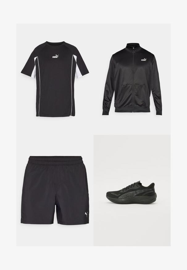 Jachetă neagră cu fermoar, made dintr-un material neted, lucios. Dispune de un guler înalt, două buzunare frontale și un logo alb Puma pe pieptul stâng.; Tricou sport negru cu mâneci scurte, cu accente albe și un logo. Fabricat dintr-un material ușor și respirabil.; Şorturi atletice negre cu un brâu elastic, realizate din material ușor, având un logo mic alb pe partea inferioară.; Pantofii sport negri, cu un superior din plasă texturată, șireturi plate și o talpă căptușită cu accente reflectorizante subtile.