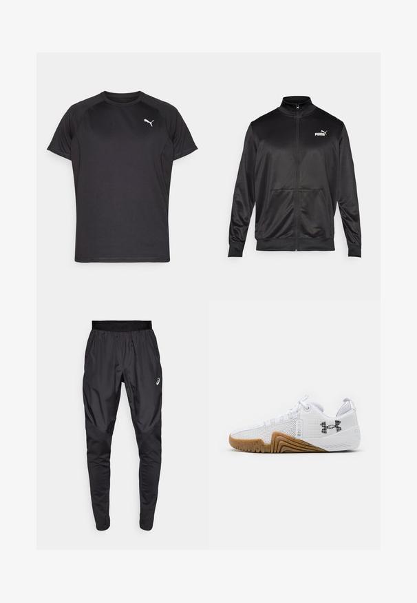 Schwarze Zip-Jacke aus glattem, glänzendem Stoff. Merkmale sind ein hoher Kragen, zwei Fronttaschen und ein weißes Puma-Logo auf der linken Brust.; Schwarzes sportliches T-Shirt aus glattem, atmungsaktivem Stoff. Hat kurze Ärmel und ein dezentes weißes Puma-Logo auf der Brust.; Schwarze Sporthosen mit einem dehnbaren Bund, Seitentaschen und kontrastierenden Texturpanelen an den Beinen. Asics-Logo an der Hüfte.; Weiße Sportschuhe mit einem Obermaterial aus Mesh, einer Gummisohle in Braun, strukturierten Akzenten und einem schwarzen Logo an der Seite.