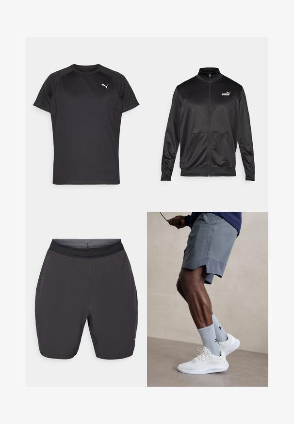 Jachetă neagră cu fermoar, made dintr-un material neted, lucios. Dispune de un guler înalt, două buzunare frontale și un logo alb Puma pe pieptul stâng.; Tricou sport negru fabricat dintr-un material neted și respirabil. Dispune de mâneci scurte și un logo alb discret Puma pe piept.; Șorturi atletice gri, realizate dintr-un material ușor. Au un talie elastică, buzunare laterale și o textură netedă. Fără modele vizibile.; Încălțăminte sport albă cu partea superioară din plasă texturată, asociată cu șosete ribbate de culoare bleu deschis care au un logo. Şorturi sportive gri cu margine perforată.