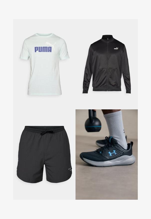 Casaco preto com fecho éclair, feito de um tecido liso e brilhante. Apresenta um colarinho alto, dois bolsos frontais e um logótipo branco da Puma no lado esquerdo do peito.; Camisa de algodão azul claro com um grande logótipo roxo "PUMA" e um gráfico de puma branco a saltar. Mangas curtas e gola clássica.; Calções de banho pretos com cintura elástica e cordão. Tecido leve com bolsos laterais. Apresenta um pequeno logótipo na bainha.; Sapatilha atlética preta com detalhes em azul, parte superior texturizada e sola cinza. Usada com meias caneladas cinza, ao lado de um kettlebell preto.