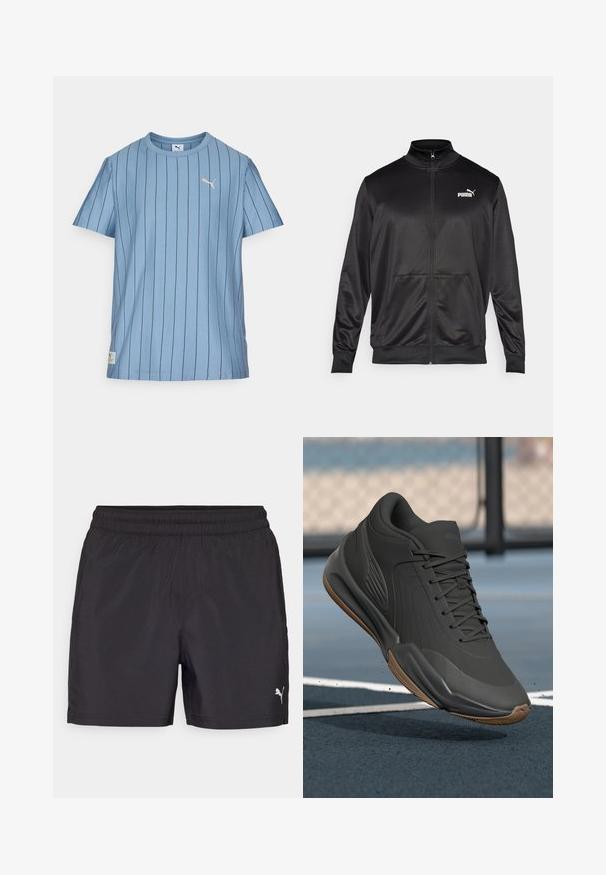Čierna zipsová bunda vyrobená z hladkej, lesklej textílie. Má vysoký golier, dve predné vrecká a biele logo Puma na ľavej hrudi.; Svetlomodré tričko s kratkým rukávom, vertikálnymi čiernymi pruhmi, okrúhlym výstrihom a malým zlatým logom na hornej ľavej strane hrudníka. Mäkka tkanina.; Čierne športové šortky s elastickým pásom, vyrobené z ľahkého materiálu, s malým bielym logom na spodnej strane.; Čierne športové topánky s hladkým syntetickým zvrškom, textúrovanými akcentmi a gumovou podrážkou, navrhnuté pre výkon a komfort.