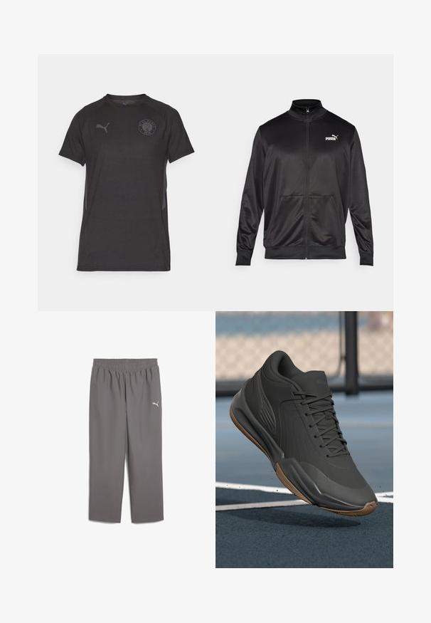 Sort zip-jakke lavet af glat, skinnende stof. Har en høj krave, to forlommer og et hvidt Puma-logo på venstre bryst.; Sort kortærmet træningsskjorte med rund hals, der har en diskret vandret tekstur og et cirkulært klublogo på brystet.; Grå atletiske bukser med elastisk talje, lavet af letvægtigt stof. Har et lille hvidt logo på venstre ben.; Sort sportssko med en glat syntetisk overdel, teksturerede accenter og en gummigummisål, designet til ydeevne og komfort.