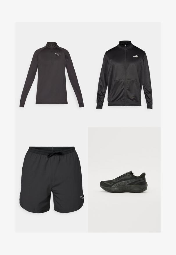 Crna jakna na zip od glatkog, sjajnog materijala. Ima visoki ovratnik, dva prednja džepa i bijeli Puma logo na lijevoj strani grudnog koša.; Crna dukserica dugih rukava s polu patentnim zatvaračem, izrađena od glatkog materijala. Ima bijeli logo na lijevoj strani prsa.; Crne kupaćice s elastičnom trakom i vezicom. Lagana tkanina s bočnim džepovima. Ima mali logo na rubu.; Crne atletske cipele s teksturiranim mrežastim gornjim dijelom, ravnim vezicama i podlogom s mekanom amortizacijom koja sadrži suptilne reflektirajuće detalje.