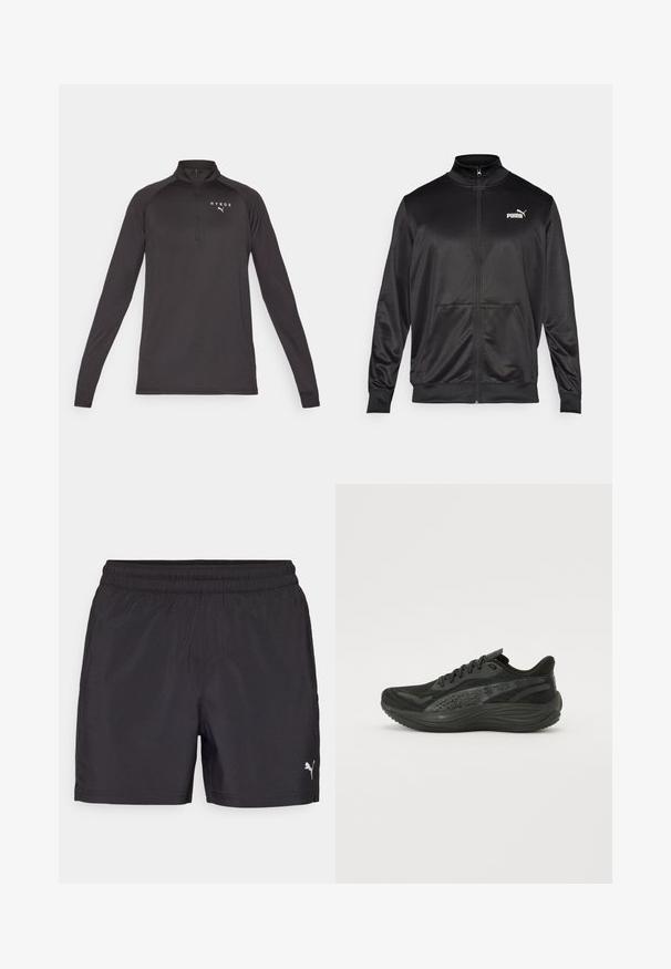 Black zip-up jacket made of smooth, shiny fabric. Features a high collar, two front pockets, and a white Puma logo on the left chest.; Black long-sleeve pullover with a quarter zip, made from a smooth fabric. Features a white logo on the left chest area.; Black athletic shorts with an elastic waistband, made from lightweight material, featuring a small white logo on the lower side.; Black athletic shoe with a textured mesh upper, flat laces, and a cushioned sole featuring subtle reflective accents.