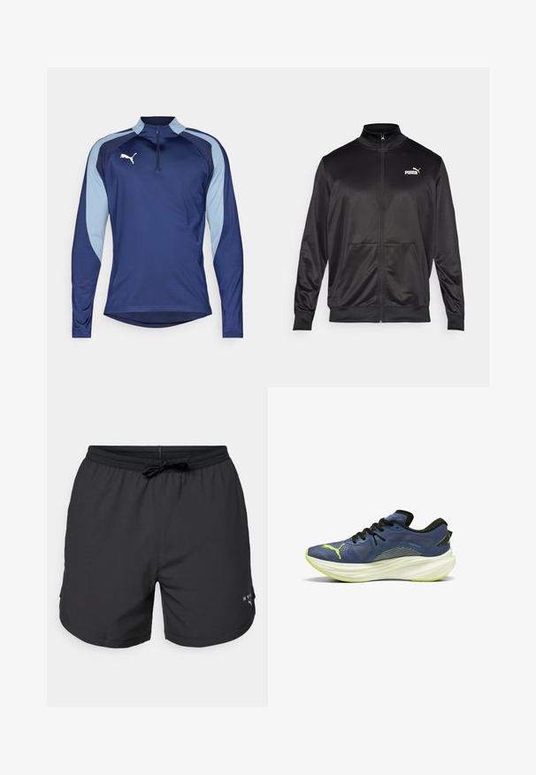 Juodas zip-up švarkas, pagamintas iš lygaus, blizgaus audinio. Turintis aukštą apykaklę, dvi priekinės kišenes ir baltą Puma logotipą kairiajame krūtinės kampe.; Tamsiai mėlyna sportinė ilgomis rankovėmis marškinėlė su šviesiai mėlynomis šoninėmis panelėmis, pusiau užtraukiama apykakle ir balta logotipo detale. Pagaminta iš drėgmę praleidžiančios medžiagos.; Juodos maudymosi šortai su elastinga juostele ir virvele. Lengva medžiaga su šoninėmis kišenėmis. Krajose yra mažas logotipas.; Mėlynas sportinis batelis su tekstūruotu tinkleliu, juodomis raištelėmis ir balta, išlenkta vidurinė padanga. Yra žalias akcentas ir logotipas šone.