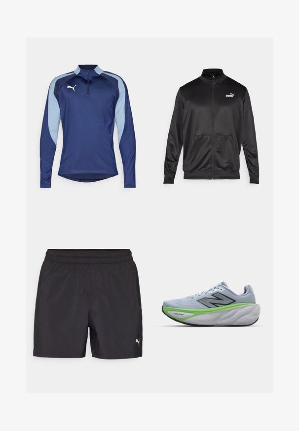 Fekete, sima, fényes anyagból készült, cipzáros dzseki. Magas gallérral, két elülső zsebbel és fehér Puma logóval rendelkezik a bal mellrészen.; Tengerészeti sportos, hosszú ujjú póló világoskék oldalpanellel, félig cipzáros nyakkal és fehér logó részlettel. Nedvességelvezető anyagból készült.; Fekete sportnadrág rugalmas derékrészzel, könnyű anyagból készült, a bal oldalon egy kis fehér logóval.; Futócipő világoskék hálós felsőrésszel, fekete logóval, zöld középtalprésszel, texturált habtalppal és ívelt sziluettel a támogatás érdekében.