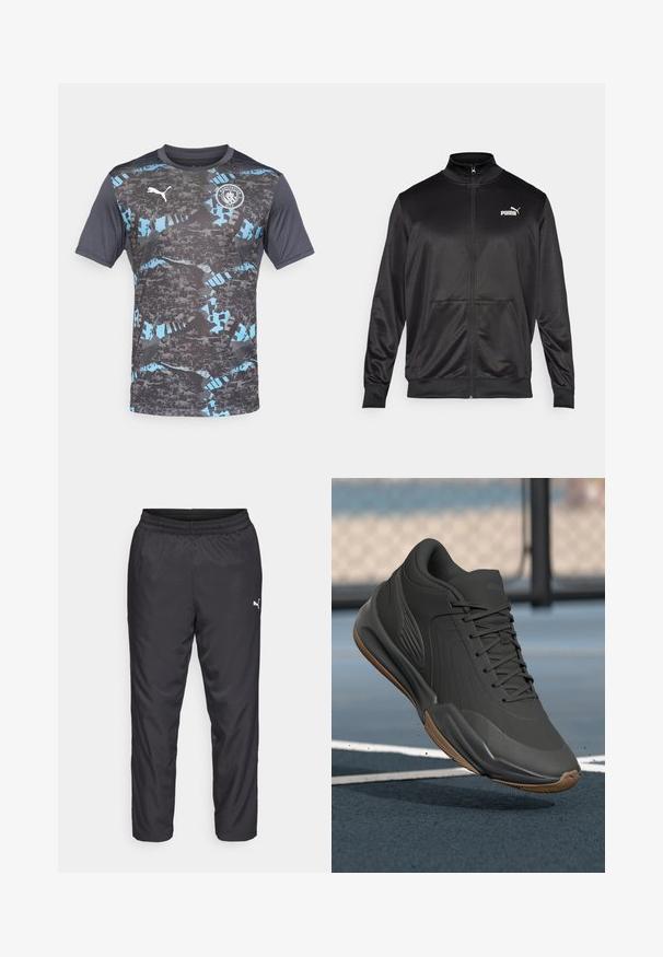 Mustat vetoketjulliset takit, jotka on valmistettu sileästä, kiiltävästä kankaasta. Ominaisuuksiin kuuluvat korkea kaulus, kaksi etutaskua ja valkoinen Puma-logo vasemmassa rinnassa.; Harmaa t-paita, jossa on mustia ja sinisiä abstrakteja kuvioita, sekä Puma-logo ja Manchester City -embleemi rinnassa.; Mustat urheiluhousut, jotka on valmistettu sileästä, kevyestä materiaalista. Sisältää joustavan vyötärönauhan ja pienen valkoisen logon vasemmalla puolella.; Musta urheilujalkine, jossa on sileä synteettinen päällinen, tekstuuriset yksityiskohdat ja kuminen pohja, suunniteltu suorituskykyä ja mukavuutta varten.