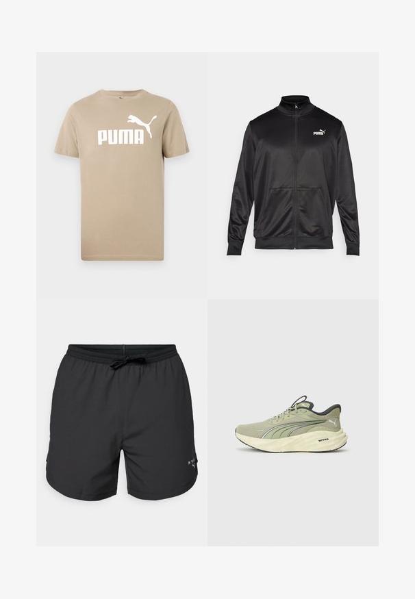 Juodas zip-up švarkas, pagamintas iš lygaus, blizgaus audinio. Turintis aukštą apykaklę, dvi priekinės kišenes ir baltą Puma logotipą kairiajame krūtinės kampe.; Šviesiai ruda medvilninė marškinėlė su apvalia iškirpte, trumpomis rankovėmis ir dideliu baltu "PUMA" logotipu bei siluetu priekyje. Lygi tekstūra.; Juodos maudymosi šortai su elastinga juostele ir virvele. Lengva medžiaga su šoninėmis kišenėmis. Krajose yra mažas logotipas.; Šviesiai žalios sportinės batai su tekstūruotu tinklo viršumi, atspindinčiais akcentais, storu paminkštintu padu ir juodais akcentais ant kulno ir išorinio pado.