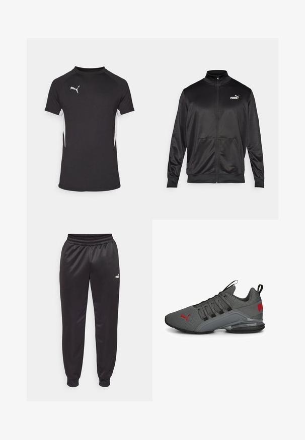 Melnā ar rāvējslēdzēju aizdaram veste, izgatavota no gludas, spīdīgas auduma. Tam ir augsta apkakle, divas priekšējās kabatas un balts Puma logotips kreisajā krūtī.; Melna īsām piedurknēm sporta krekls ar baltām sānu akcents un sudraba logotipu. Izgatavots no viegla, gluda auduma ar apaļu kakla izgriezumu.; Melnās sporta bikses ar elastīgu jostu, sašaurinātiem kājām un ar apdari pie apakšas. Ir mazs balts logo kreisajā pusē. Gluda, spīdīga auduma tekstūra.; Pelēki sporta apavi ar tīkla augšdaļu, melniem akcentiem, sarkanu Puma logotipu un mīkstu zoli. Iespējas ietver elegantu dizainu un auklu aizdari.