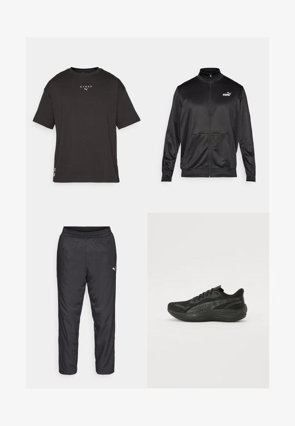 Svart zip-up jakke laget av glatt, skinnende stoff. Har høy krage, to frontlommer og en hvit Puma-logo på venstre bryst.; Svart kortermet t-skjorte med rund hals, med "HYROX" og en logo i hvitt på forsiden, glatt tekstur og standard passform.; Sorte treningsbukser laget av glatt, lett materiale. Har elastisk midjebånd og en liten hvit logo på venstre side.; Svart idrettssko med en teksturert mesh-overdel, flate lisser og en polstret såle med subtile reflekterende detaljer.