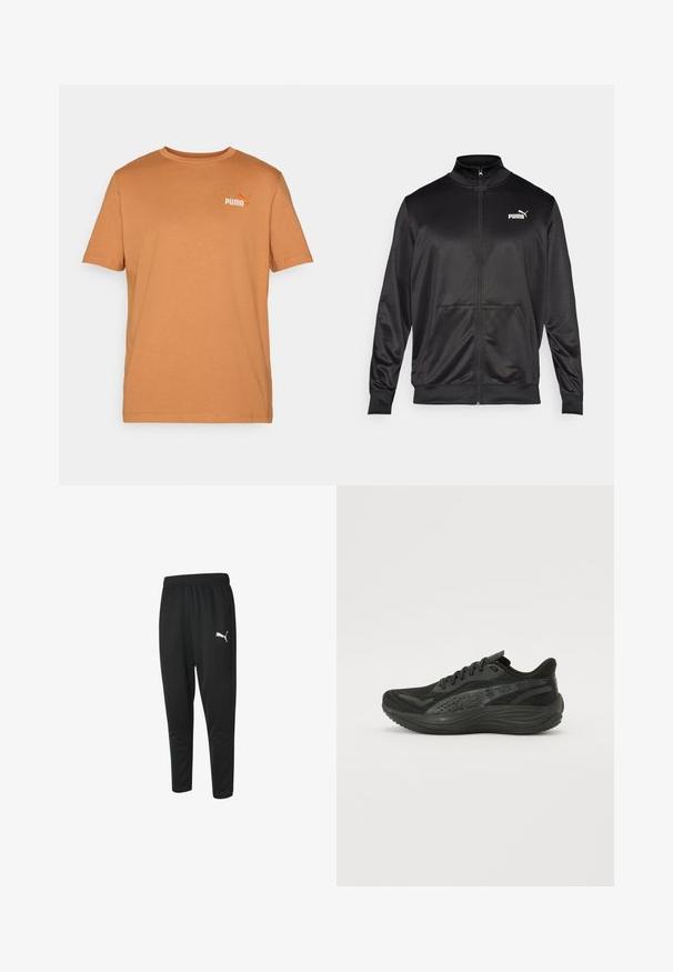 Zwarte jas met rits, gemaakt van een gladde, glanzende stof. Heeft een hoge kraag, twee voorzakken en een wit Puma-logo op de linkerborst.; Korte mouwen, T-shirt met ronde hals in een warme bruintint, gemaakt van zacht katoen; voorzien van een klein oranje Puma-logo op de bovenste links.; Zwarte sportieve broeken van gladde stof, met een tailleband met trekkoord, taps toelopende benen en een klein wit Puma-logo aan de linkerkant.; Zwarte sportieve schoen met een gestructureerde mesh bovenkant, platte veters en een gevoerde zool met subtiele reflecterende accenten.