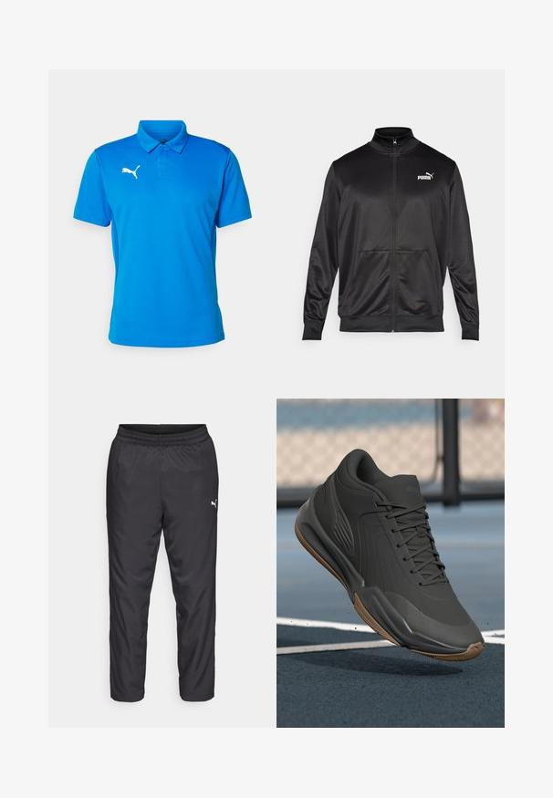 Černá bunda na zip vyrobená z hladké, lesklé látky. Má vysoký límec, dvě přední kapsy a bílé logo Puma na levé straně hrudi.; Modrá polo tričko vyrobené z hladké tkaniny. Má límeček, krátké rukávy a bílé logo skákajícího kočičího na levé hrudi.; Černé sportovní kalhoty vyrobené z hladkého, lehkého materiálu. Mají elastický pas a malé bílé logo na levé straně.; Černá sportovní obuv s hladkým syntetickým svrškem, texturovanými akcenty a gumovou podrážkou, navržená pro výkon a pohodlí.