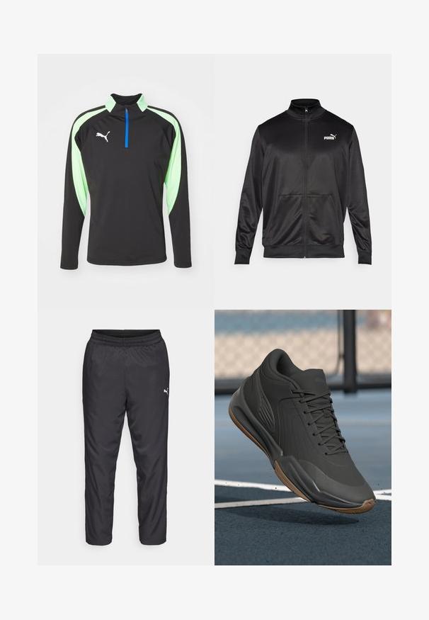 Fekete, sima, fényes anyagból készült, cipzáros dzseki. Magas gallérral, két elülső zsebbel és fehér Puma logóval rendelkezik a bal mellrészen.; Fekete sportos, hosszú ujjú póló világoszöld díszítéssel, cipzáras nyakkal és kék cipzárral, a mellkasán fehér Puma logóval.; Fekete sportos nadrág sima, könnyű anyagból. Rugalmas derékkal rendelkezik, és a bal oldalon egy kis fehér logó található.; Fekete sportcipő sima szintetikus felsőrésszel, mintás díszítésekkel és gumi talppal, melyet teljesítményre és kényelemre terveztek.