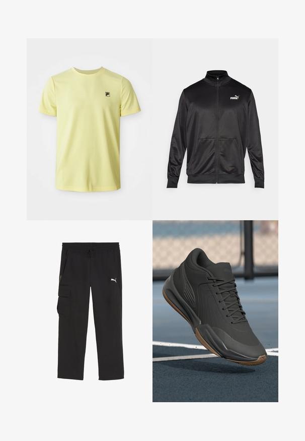 Chaqueta negra con cremallera hecha de un tejido liso y brillante. Presenta un cuello alto, dos bolsillos frontales y un logo blanco de Puma en el lado izquierdo del pecho.; Camiseta de manga corta amarilla claro con cuello redondo y pequeño logo negro en el lado izquierdo del pecho, exhibida sobre un fondo blanco.; Pantalones cargo negros con cintura elástica y cordón. Cuenta con bolsillos laterales y un pequeño logo en la pierna izquierda. Material ligero.; Zapatilla deportiva negra con parte superior de material sintético liso, acentos texturizados y suela de goma, diseñada para un rendimiento y comodidad óptimos.