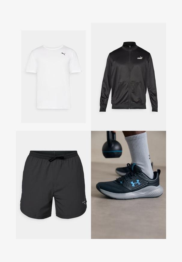 Chaqueta negra con cremallera hecha de un tejido liso y brillante. Presenta un cuello alto, dos bolsillos frontales y un logo blanco de Puma en el lado izquierdo del pecho.; Camiseta blanca de manga corta hecha de tela suave, con un pequeño logo negro de Puma en la parte izquierda del pecho. Cuello redondo, sin estampados.; Bañador negro con cintura elástica y cordón. Tela ligera con bolsillos laterales. Presenta un pequeño logo en el dobladillo.; Zapatilla deportiva negra con acentos azules, parte superior texturizada y suela gris. Llevada con calcetines grises de canalé, al lado de una kettlebell negra.