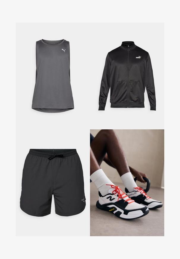 Black zip-up jacket made of smooth, shiny fabric. Features a high collar, two front pockets, and a white Puma logo on the left chest.; Gray sleeveless athletic tank top made of breathable fabric, featuring a round neckline and side cutouts. Logo in white on the front.; Black swim shorts with an elastic waistband and drawstring. Lightweight fabric with side pockets. Features a small logo on the hem.; White and black athletic shoes with red laces, mesh upper, and rubber sole. Features a logo on the side and a textured design.