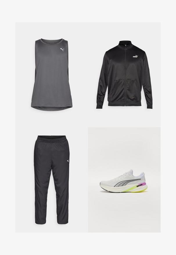 Black zip-up jacket made of smooth, shiny fabric. Features a high collar, two front pockets, and a white Puma logo on the left chest.; Gray sleeveless athletic tank top made of breathable fabric, featuring a round neckline and side cutouts. Logo in white on the front.; Black athletic pants made of smooth, lightweight material. Features an elastic waistband and a small white logo on the left side.; White athletic shoe with breathable mesh upper, black accents, and a multi-colored sole featuring purple and green details.