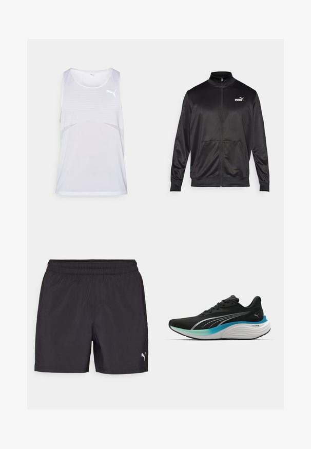 Mustat vetoketjulliset takit, jotka on valmistettu sileästä, kiiltävästä kankaasta. Ominaisuuksiin kuuluvat korkea kaulus, kaksi etutaskua ja valkoinen Puma-logo vasemmassa rinnassa.; Valkoinen urheilullinen hihaton paita, joka on valmistettu hengittävästä kankaasta. Paitassa on verkkomainen pinta ja hillitty gradienttimuotoilu, jossa on pieni logo rinnassa.; Musta urheiluverkko hame, joka on valmistettu kevyestä materiaalista, joustavalla vyötärönauhalla ja jossa on pieni valkoinen logo alhaalla.; Mustat urheilukengät, joissa on hengittävä päällinen, hopeat yksityiskohdat ja pehmeä välikerros, jossa on sinivihreä värigraadiendi.