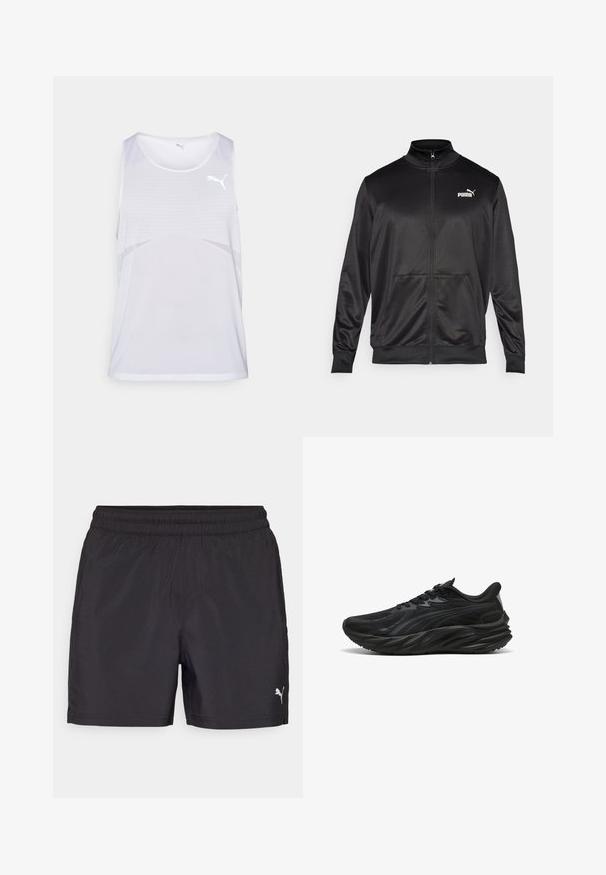 Melnā ar rāvējslēdzēju aizdaram veste, izgatavota no gludas, spīdīgas auduma. Tam ir augsta apkakle, divas priekšējās kabatas un balts Puma logotips kreisajā krūtī.; Balts sporta t-krekls, kas izgatavots no elpojoša auduma, ar acu tekstūru un smalku gradienta dizainu, uz krūtīm ir neliels logo.; Melni sporta šorti ar elastīgu jostu, izgatavoti no viegla materiāla, ar mazu baltu logo apakšējā malā.; Melnas sporta kurpes ar strukturētu augšdaļu, izliekto zoli un pastiprinātu papēdi. Aprīkotas ar šņorēm un mazu sānu dizaina elementu.