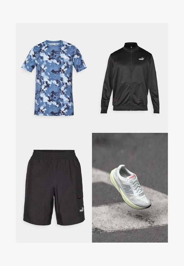 Mustat vetoketjulliset takit, jotka on valmistettu sileästä, kiiltävästä kankaasta. Ominaisuuksiin kuuluvat korkea kaulus, kaksi etutaskua ja valkoinen Puma-logo vasemmassa rinnassa.; Sininen kamuflaaži t-paita kevyestä kankaasta, jossa on lyhyet hihat ja pyöreä kaula-aukko. Valkoinen logo edessä.; Mustat cargo-shortsit, joissa on joustava vyötärönauha, sivutaskut ja valkoinen Puma-logo vasemmassa lahkeessa. Valmistettu kevyestä kankaasta.; Kevyt juoksukenkä valkoisella verkkomateriaalilla, keltaisella välipohjalla ja harmailla yksityiskohdilla. Varustettu erottuvalla 'N' -logolla ja rakenteellisella pinnalla.