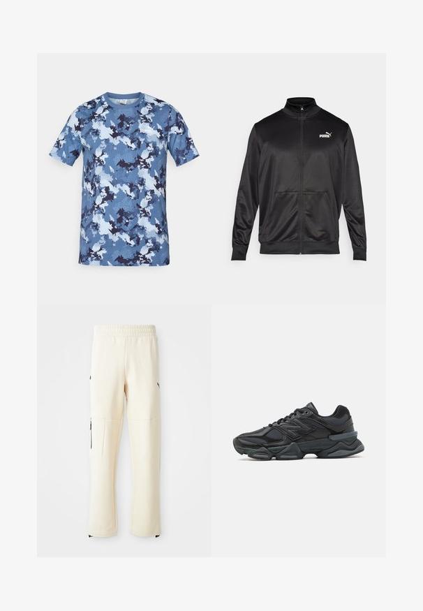 Juodas zip-up švarkas, pagamintas iš lygaus, blizgaus audinio. Turintis aukštą apykaklę, dvi priekinės kišenes ir baltą Puma logotipą kairiajame krūtinės kampe.; Mėlynas maskuojantis marškinėlis, pagamintas iš lengvos medžiagos, su trumpomis rankovėmis ir apvaliu iškirpimu. Priekyje yra baltas logotipas.; Šviesiai smėliniai sportiniai kelnių pagaminti iš minkštos medžiagos. Yra juodas logotipas, šoniniai kišenės su užtrauktukais ir laisvas siluetas.; Juodas bėgimo batelis, pagamintas iš tinklinės ir sintetinės medžiagos, turintis stambų pado dizainą, kreivą formą ir ryškią prekės ženklą šone.