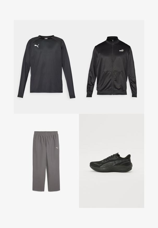 Czarna kurtka na zamek wykonana z gładkiego, błyszczącego materiału. Posiada wysoki kołnierz, dwie przednie kieszenie oraz białe logo Puma na lewej piersi.; Czarna sportowa koszulka z długim rękawem wykonana z gładkiej tkaniny, z okrągłym dekoltem, szarym przeszyciem i białym logo Puma na piersi.; Szare spodnie sportowe z elastycznym pasem, wykonane z lekkiego materiału. Posiadają małe białe logo na lewej nodze.; Czarny but sportowy z teksturowaną siateczką, płaskimi sznurówkami i amortyzowaną podeszwą z subtelnymi odblaskowymi akcentami.