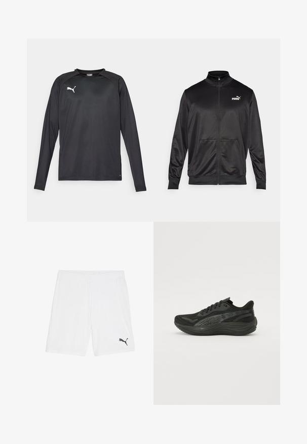 Svart zip-up jakke laget av glatt, skinnende stoff. Har høy krage, to frontlommer og en hvit Puma-logo på venstre bryst.; Svart langermet treningsskjorte laget av lett stoff, med rund hals og en hvit logo på venstre bryst. Glatt tekstur.; Hvite sportsshorts laget av lett stoff, med elastisk midje og en liten svart logo på nederste venstre side.; Svart idrettssko med en teksturert mesh-overdel, flate lisser og en polstret såle med subtile reflekterende detaljer.