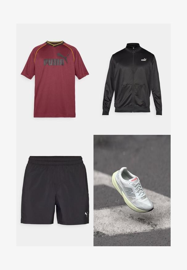 Casaco preto com fecho éclair, feito de um tecido liso e brilhante. Apresenta um colarinho alto, dois bolsos frontais e um logótipo branco da Puma no lado esquerdo do peito.; Camisa desportiva bordeaux feita de tecido respirável, com mangas curtas, decote em V, logótipo da Puma em preto e detalhes amarelos ao longo do decote.; Calções desportivos pretos com um cós elástico, feitos de material leve, apresentando um pequeno logotipo branco na parte inferior.; Shoe de corrida leve com um cabedal em malha branca, entressola amarela e detalhes cinzentos. Apresenta um proeminente logotipo ‘N’ e uma superfície texturizada.