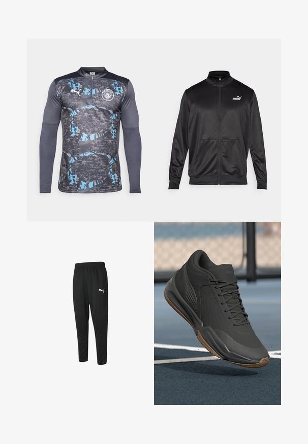 Melnā ar rāvējslēdzēju aizdaram veste, izgatavota no gludas, spīdīgas auduma. Tam ir augsta apkakle, divas priekšējās kabatas un balts Puma logotips kreisajā krūtī.; Garšām piedurknēm sporta krekls ar pusriņķa apkakli, pelēkā un zilā rakstu dizaina, ar logotipu uz krūtīm un fakturētām piedurknēm.; Melni sporta bikses, kas izgatavotas no gludas auduma, ar aukliņu jostu, sašaurinātām kājām un mazu baltu Puma logotipu kreisajā pusē.; Melna sporta apava ar gludu sintētisku virsu, teksturētām akcentiem un gumijas zoli, kas izstrādāta veiktspējai un komfortam.