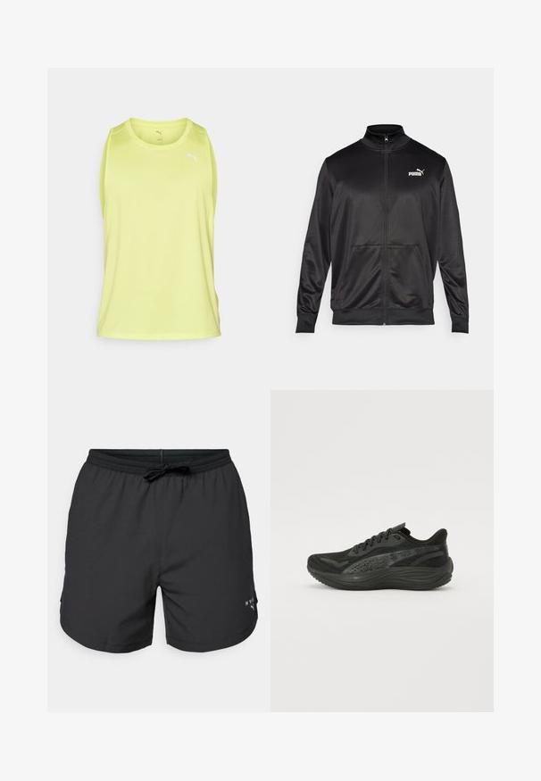 Črna jakna na zadrgo iz gladkega, sijočega materiala. Ima visok ovratnik, dva sprednja žepa in belo Puma logotip na levem prsnem delu.; Limonasto zelena brezrokavna atletska majica iz lahkega blaga, z okroglim izrezom in belim logotipom na prsih. Gladka tekstura.; Črne kopalne hlače z elastičnim pasom in vrvico. Lahka tkanina s stranskimi žepi. Imajo majhen logo na robu.; Črne atletske čevlje z mrežasto zgornjim delom, ravnimi vezalkami in oblazinjeno podplat, ki ima subtilne odsevne akcentne.