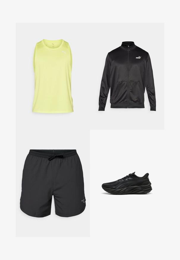 Casaco preto com fecho éclair, feito de um tecido liso e brilhante. Apresenta um colarinho alto, dois bolsos frontais e um logótipo branco da Puma no lado esquerdo do peito.; Top desportivo sem mangas em verde lima, feito de um tecido leve, com gola redonda e logótipo branco no peito. Textura suave.; Calções de banho pretos com cintura elástica e cordão. Tecido leve com bolsos laterais. Apresenta um pequeno logótipo na bainha.; Sapatilha desportiva preta com parte superior texturizada, sola curvada e calcanhar reforçado. Apresenta atacadores e um elemento de design lateral discreto.