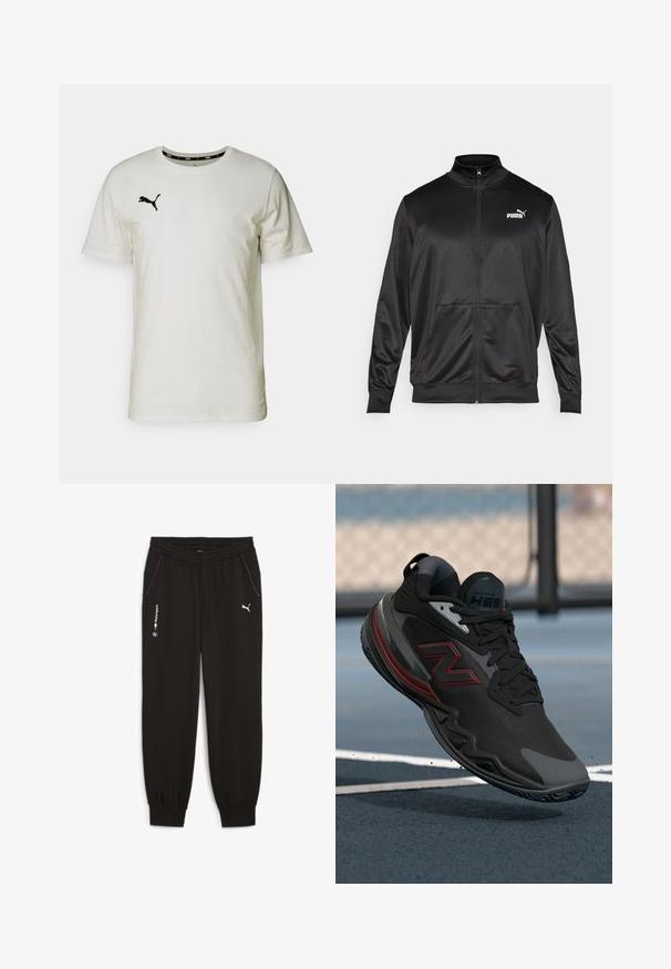 Fekete, sima, fényes anyagból készült, cipzáros dzseki. Magas gallérral, két elülső zsebbel és fehér Puma logóval rendelkezik a bal mellrészen.; Fehér pamut póló kerek nyakkal, bal mell részen egy kis fekete Puma logóval és fekete díszítéssel a nyak belső részén.; Fekete melegítőnadrág, gumis derékkal, két oldalsó zsebbel, lila díszítésekkel és BMW Motorsport valamint Puma logókkal.; Fekete sportcipő texturált felsőrésszel, piros díszítésekkel és gumitalppal. Alacsony profilú és megerősített orrrész jellemzi.