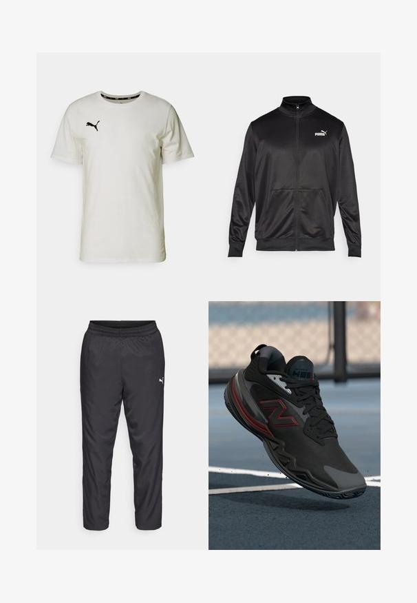 Melnā ar rāvējslēdzēju aizdaram veste, izgatavota no gludas, spīdīgas auduma. Tam ir augsta apkakle, divas priekšējās kabatas un balts Puma logotips kreisajā krūtī.; Balts kokvilnas T-krekls ar apaļu kaklu, ar mazu melnu Puma logo kreisajā krūtī un melnu akcentu iekšējā kakla daļā.; Melnas sporta bikses, kas izgatavotas no gluda, viegla materiāla. Iespējas ietver elastīgu jostu un mazu baltu logotipu kreisajā pusē.; Melnas sporta kedas ar teksturētu augšdaļu, sarkaniem akcentiem un gumijas zoli. Iezīmējas ar zemu profilu un pastiprinātu pirkstu daļu.