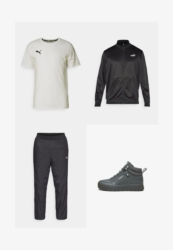 Čierna zipsová bunda vyrobená z hladkej, lesklej textílie. Má vysoký golier, dve predné vrecká a biele logo Puma na ľavej hrudi.; Biela bavlnená tričko s okrúhlym výstrihom, s malým čiernym logom Puma na ľavej hrudi a čiernym akcentom na vnútornej strane výstrihu.; Čierne športové nohavice vyrobené z hladkého, ľahkého materiálu. Obsahujú elastický pás a malé biele logo na ľavej strane.; Vysoké tenisky zo šedej kože s textúrovaným povrchom, polstrovaným golierom a gumovou podrážkou. Obsahujú logo a prešívané detaily na stranách.