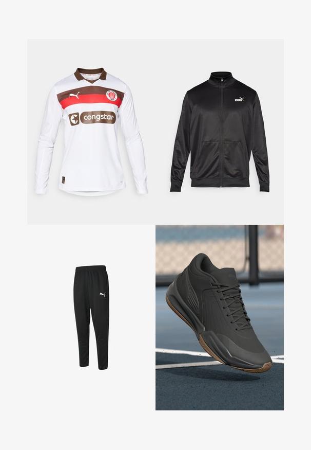 Fekete, sima, fényes anyagból készült, cipzáros dzseki. Magas gallérral, két elülső zsebbel és fehér Puma logóval rendelkezik a bal mellrészen.; Fehér hosszúujjú futballmezek barna gallérral, vörös és barna vízszintes csíkozással, Puma logóval és "congstar" szponzori logóval.; Fekete sportnadrág sima anyagból, megkötős derékkal, szűkített lábszárral és egy kis fehér Puma logóval a bal oldalon.; Fekete sportcipő sima szintetikus felsőrésszel, mintás díszítésekkel és gumi talppal, melyet teljesítményre és kényelemre terveztek.