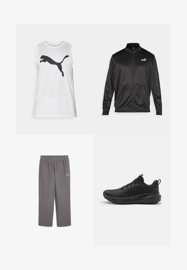 Zwarte jas met rits, gemaakt van een gladde, glanzende stof. Heeft een hoge kraag, twee voorzakken en een wit Puma-logo op de linkerborst.; Witte mouwloze sport tanktop van gladde stof met een groot zwart Puma-logo op de voorkant. Ronde halslijn en een reguliere pasvorm.; Grijze sportbroek met een elastische tailleband, gemaakt van lichtgewicht stof. Kenmerkt zich door een klein wit logo op het linkerpant.; Zwarte sportschoenen met een gestructureerde mesh bovenkant, een gewatteerde kraag, veters en een rubberen zool. Heeft een slank ontwerp en een stevige constructie.
