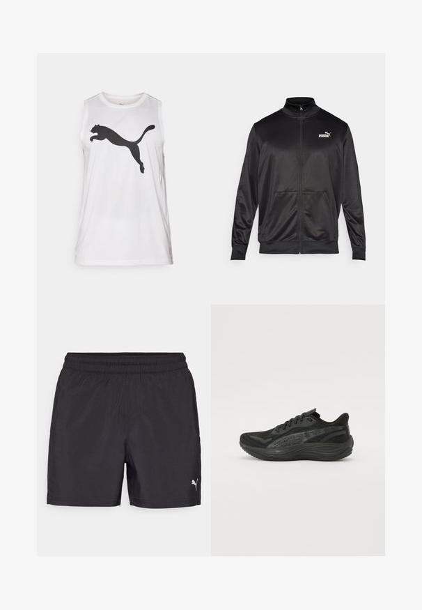 Juodas zip-up švarkas, pagamintas iš lygaus, blizgaus audinio. Turintis aukštą apykaklę, dvi priekinės kišenes ir baltą Puma logotipą kairiajame krūtinės kampe.; Balta be rankovių sportinė marškinė su stulbinančiu audiniu, ant priekio puikuojasi didelis juodas Puma logotipas. Apvalus iškirpimas ir klasikinis kirpimas.; Juodos sportinės šortai su elastinga juosta, pagaminti iš lengvos medžiagos, su mažu baltu logotipu apatinėje pusėje.; Juodos sportinės bateliai su tekstūruotu mezginiu, plokščiomis raištelėmis ir paminkštintu padu, turinčiu subtilius atspindinčius akcentus.