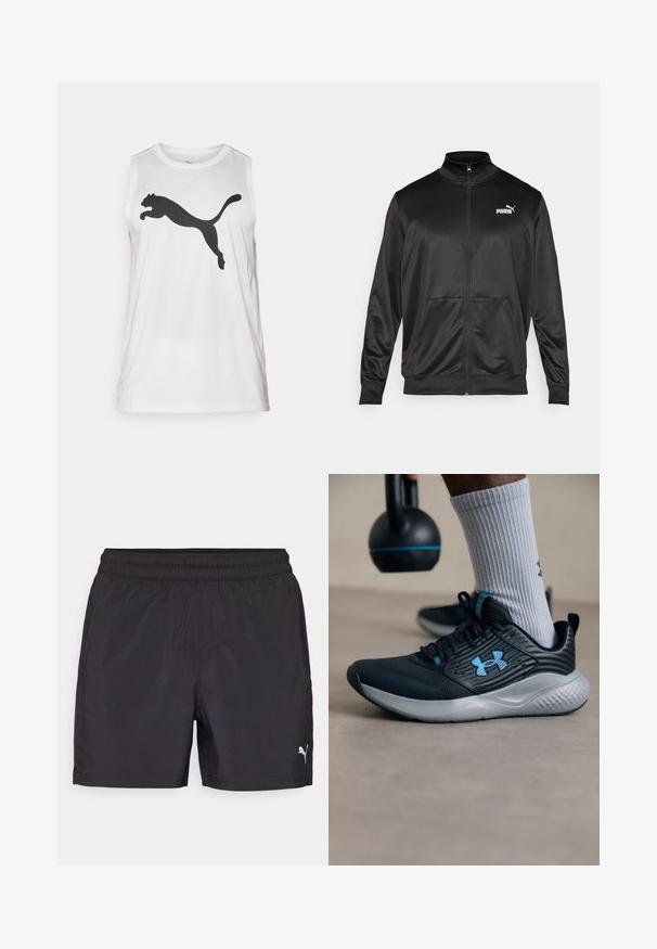 Crna jakna na zip od glatkog, sjajnog materijala. Ima visoki ovratnik, dva prednja džepa i bijeli Puma logo na lijevoj strani grudnog koša.; Bijela bezrukavna atletska majica izrađena od glatkog materijala s velikim crnim Puma logotipom sprijeda. Okrugli izrez i običan kroj.; Crne atletske kratke hlače s elastičnim pojasom, izrađene od laganog materijala, s malim bijelim logom na donjoj strani.; Crne atletske cipele s plavim akcentima, teksturirani gornji dio i sivi đon. Nosi se s sivim rebrastim čarapama, pored crnog kettlebella.