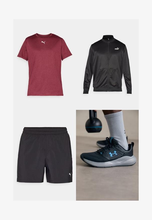 Black zip-up jacket made of smooth, shiny fabric. Features a high collar, two front pockets, and a white Puma logo on the left chest.; Maroon short-sleeve t-shirt made of smooth fabric featuring a white Puma logo on the chest, with a ribbed crew neckline.; Black athletic shorts with an elastic waistband, made from lightweight material, featuring a small white logo on the lower side.; Black athletic shoe with blue accents, textured upper, and gray sole. Worn with gray ribbed socks, beside a black kettlebell.