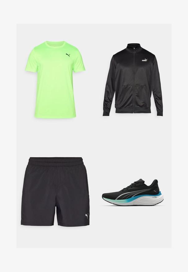 Svart zip-up jacka i slät, glänsande tyg. Har hög krage, två framfickor och en vit Puma-logotyp på vänster bröst.; Neon grön t-shirt med kort ärm, tillverkad av andningsbart tyg, med en svart logotyp på vänster sida av bröstet och rundad halsringning.; Svarta idrottsshorts med elastisk midja, tillverkade av lätt material, med en liten vit logotyp på nedre sidan.; Svart idrottssko med ett ventilationsvänligt överdel, silverdetaljer och en dämpad mellanlikande som har en blå-grön gradientdesign.