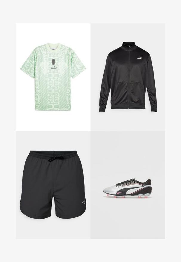 Jachetă neagră cu fermoar, made dintr-un material neted, lucios. Dispune de un guler înalt, două buzunare frontale și un logo alb Puma pe pieptul stâng.; Tricou scurt cu mânecă în verde deschis, realizat dintr-un material cu un design tipărit. Are un guler rotund și un logo în centru, în partea de jos.; Șorturi de baie negre cu talie elastică și șnur de ajustare. Material ușor, cu buzunare laterale. Prezintă un logo mic pe tiv.; Cioare de fotbal argintii și negri cu un finisaj texturat, având accente roz, o siluetă joasă și mai multe tălpi cu crampoane roz.
