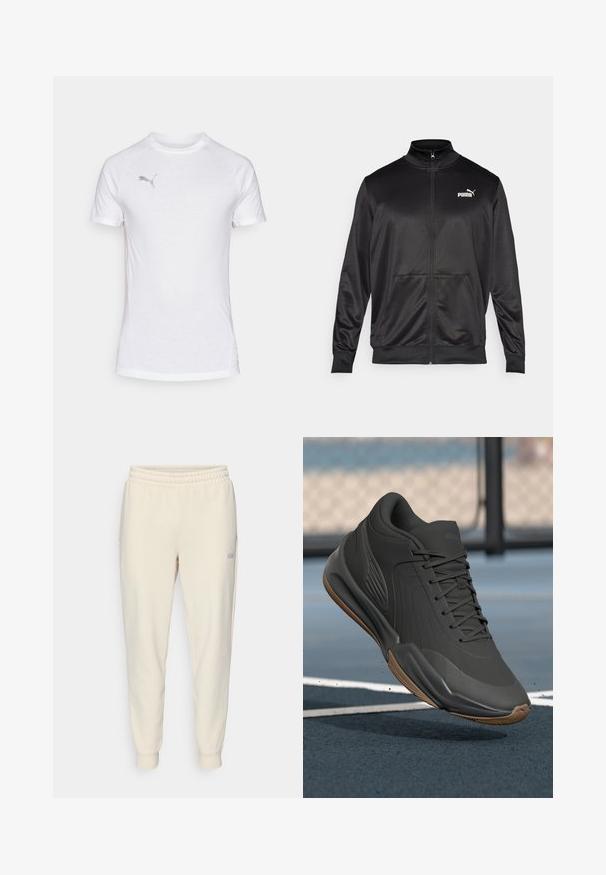 Crna jakna na zip od glatkog, sjajnog materijala. Ima visoki ovratnik, dva prednja džepa i bijeli Puma logo na lijevoj strani grudnog koša.; Bijela kratka sportska majica s kratkim rukavima i okruglim izrezom, s teksturiranom tkaninom i suptilnim sivo-logotipom na gornjem lijevom dijelu prsiju.; Svijetlosmeđi hlače na vezanje, s elastičnim pojasom, manžetama na gležnjevima, bočnim džepovima i malim logotipom na lijevom bedru.; Crna atletska cipela s glatkim sintetičkim gornjim dijelom, teksturiranim naglascima i gumiranim potplatom, dizajnirana za performanse i udobnost.
