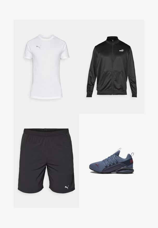 Must läikivast ja siledast kangast must kapuutsiga jakk. Omab kõrget kaelust, kahte esi-taskut ja valget Puma logo vasakul rinnal.; Valge lühikeste varrukatega spordipaita ümmarguse kaelusega, millel on tekstuuriga kangas ja õrn hall logo vasakul ülaservas.; Mustad mustad spordilühikud kergest kangast, millel on elastne vöökoht. Alumises vasakus nurgas on väike valge Puma logo.; Sinine spordiking varbaga, millel on võrgupealne osa, kindel kummitald, silmapaistev logo detail ning lipsud, mis tagavad tiheda istuvuse.