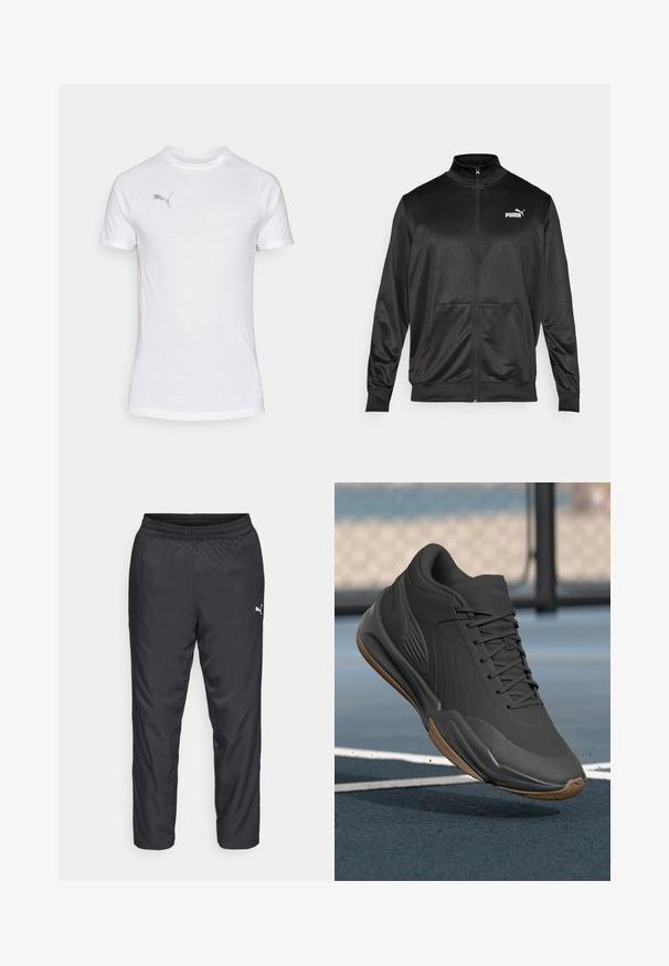 Jachetă neagră cu fermoar, made dintr-un material neted, lucios. Dispune de un guler înalt, două buzunare frontale și un logo alb Puma pe pieptul stâng.; Cămașă sport albă cu mânecă scurtă și guler rotund, având un material texturat și un logo gri subtil în partea stângă sus a pieptului.; Pantaloni de sport negri, fabricați dintr-un material neted și ușor. Au un brâu elastic și un mic logo alb pe partea stângă.; Pantofii sport negri, cu un brâu superior sintetic neted, accente texturate și talpă din cauciuc de tip gumă, proiectați pentru performanță și confort.